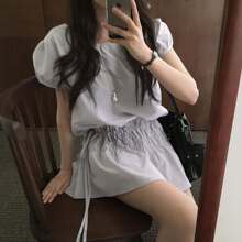 韩国chic 夏日复古气质小个子褶皱松紧抽绳系带设计泡泡袖连衣裙