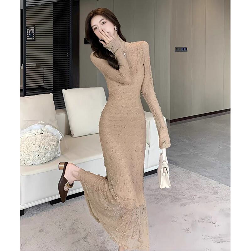 Purely desirable lace mesh long-sleeve dress for women, suitable for spring and autumn, with a base layer camisole long skirt, offering a high-end feminine look