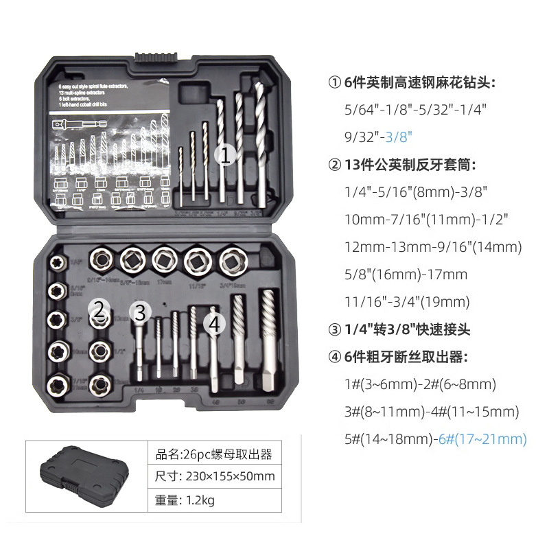 Tuerca oxidada dañada de alambre roto, tornillo de extractor, tornillo, tornillo de diente deslizante de neumático, herramienta de manga de ciruela antideslizante