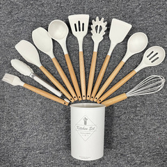 White silicone kitchenware set with wooden handles, 11-piece set, kitchenware, kitchen set