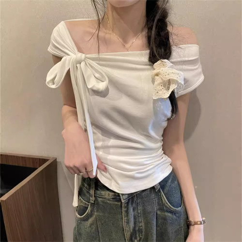 ins sexy hot girl one-shoulder strapless short t-shirt women's summer new style tie-up slimming short pure desire top women 