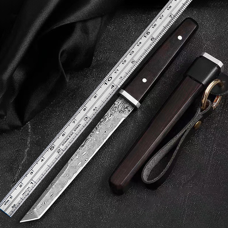 大马士革钢高硬度户外刀野外随身防身小直刀便携手把肉小刀水果刀