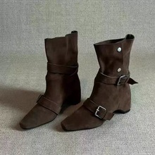 羊皮版~气质方头内增高5cm小短靴女皮带扣两穿纽扣骑士靴瘦瘦靴子