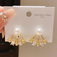 14k真金电镀银针轻奢仿珍珠锆石花朵十字架耳环复古小众高级耳饰