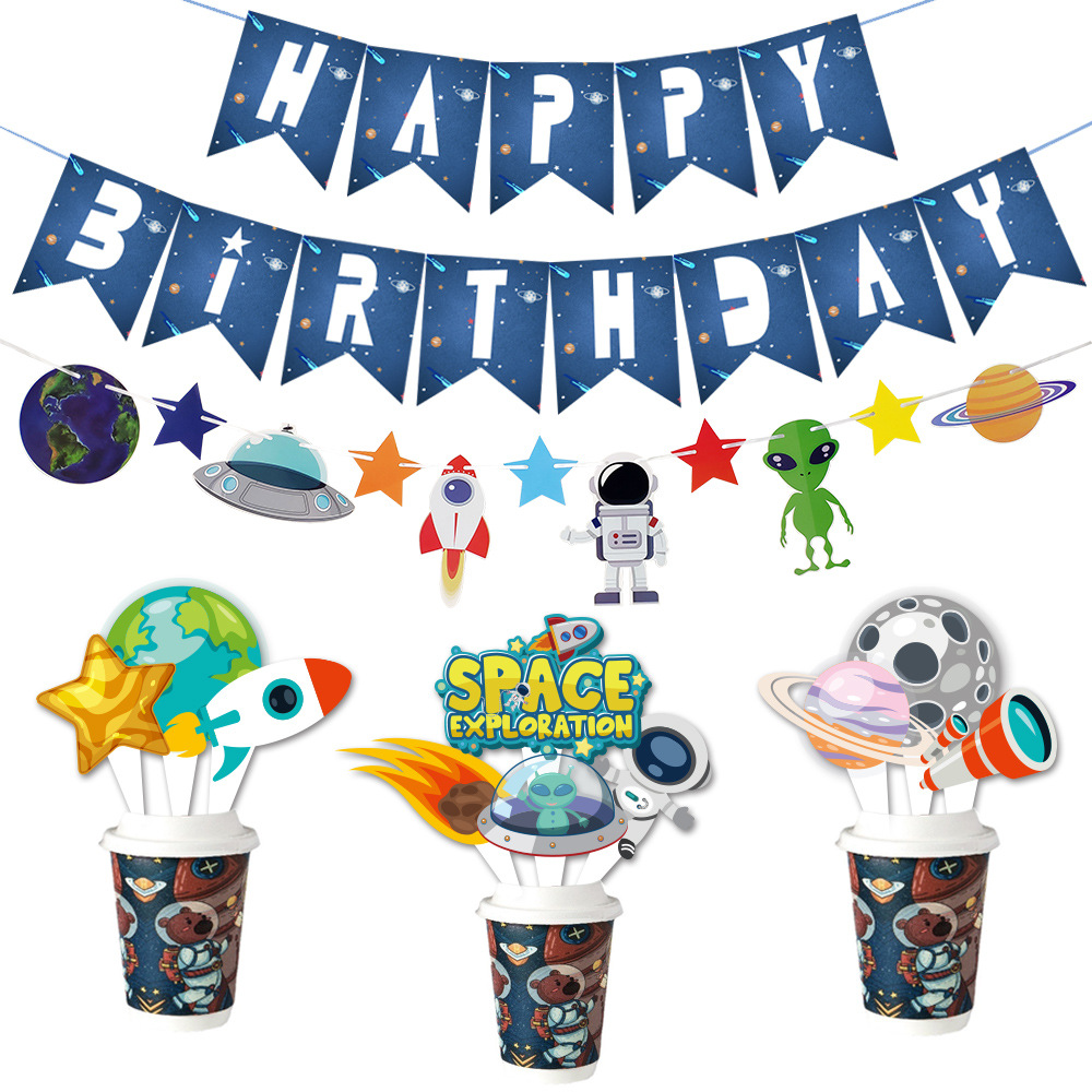 Spaceman Astronaut Rocket Flag Children's Theme Birthday Party Supplies Dress Up Wandering Earth Universe Flag