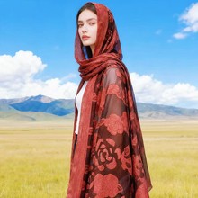 新款高档剪花民族风复古花卉围巾欧根纱质触感提花披肩时尚搭围巾