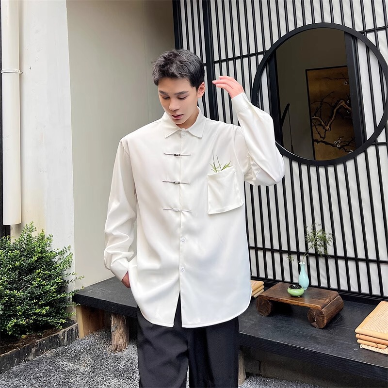 Autumn Pu Shuai metal buckle decorative long-sleeved shirt men's embroidered high-grade shirt New Chinese retro National style fashion