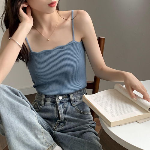 Women's Summer Outerwear with Small Suspenders Retro Hong Kong Style Sleeveless Top Korean Style Simple Bottoming Knitted Vest