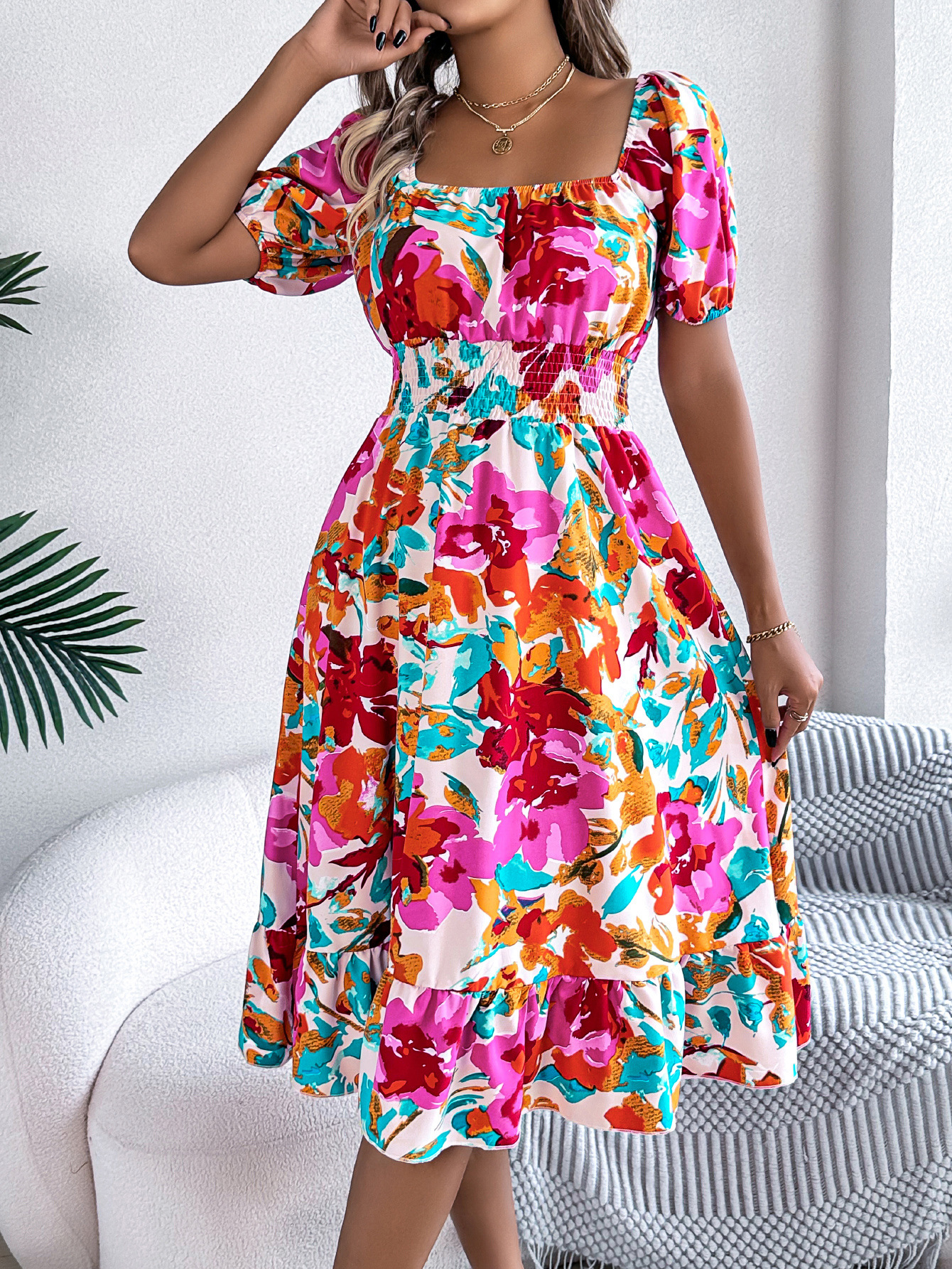 Spring Summer Casual Floral Square Collar Short Sleeve Waist Trimming Ruffles A line Dress Women Clothing 7 Spring Summer Casual Floral Square Collar Short Sleeve Waist Trimming Ruffles A line Dress Women Clothing