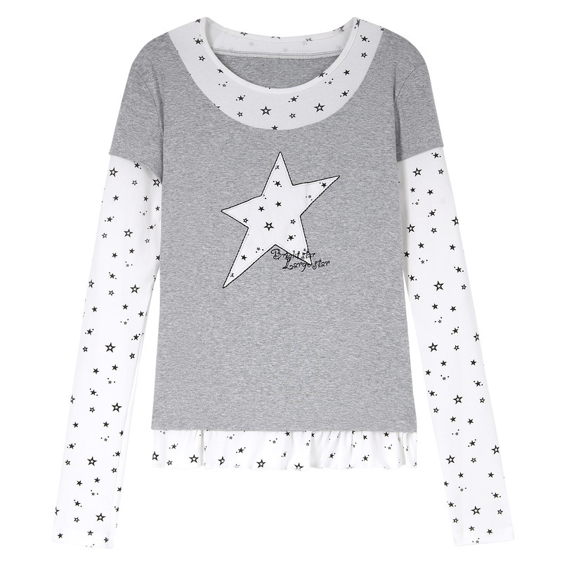 Color-Blocked Star-Patterned Long-Sleeve Base Shirt, Gray and White Layered Design with Large and Small Stars, Women's Round-Neck Slim-Fit T-Shirt