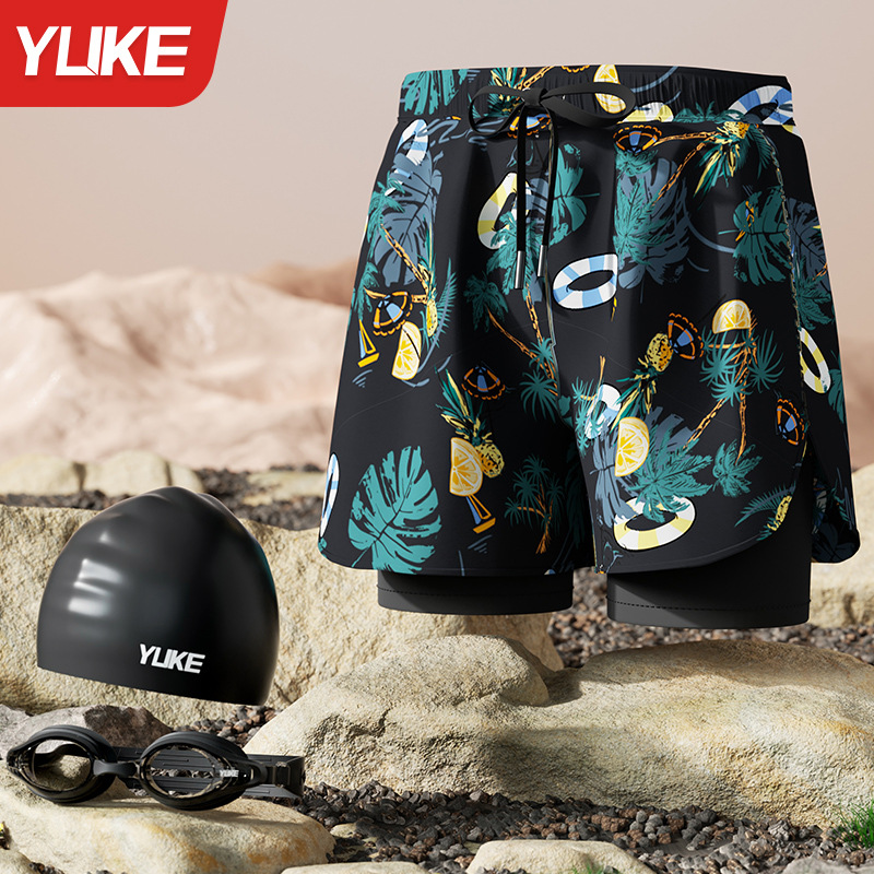 Black and blue three-piece set (swimming trunks + silicone cap + swimming goggles)