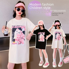 Children's clothing short-sleeved tops t2023 new style little girl fashionable and stylish big kid casual pure cotton printed cat T-shirt 
