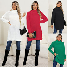 女士打底衫跨境欧美女装秋冬新款加厚毛衣高领简约开叉连衣裙M679
