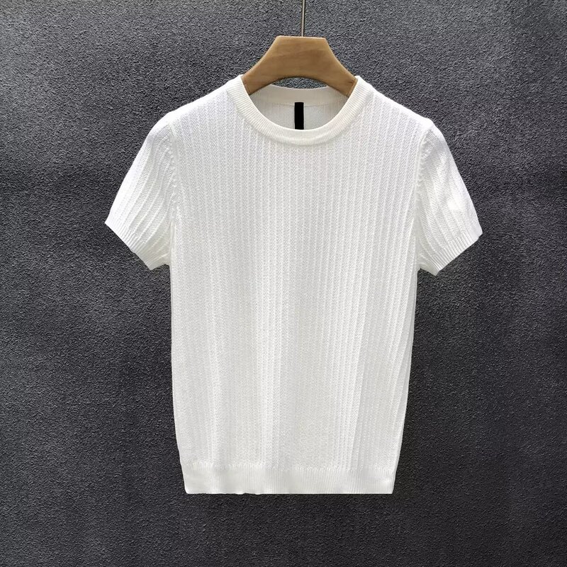 High-grade diamond-shaped Plaid knitted short-sleeved sweater men's white inner T-shirt fashion brand round neck half-sleeve sweater men