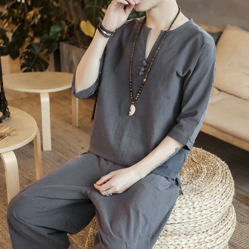 Traje de lino de estilo chino de verano Traje Tang de algodón y lino fino de gran tamaño para hombres Traje Hanfu Traje Zen de manga corta para jóvenes Traje de dos piezas