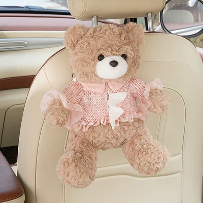 Cartoon bear car tissue box, creative car tissue hanging bag, cute plush toy car hanging tissue box (Car tissue box/set) - rabbit-fur-embossed-bear-tissue-box-in-khaki-pink-clothing
