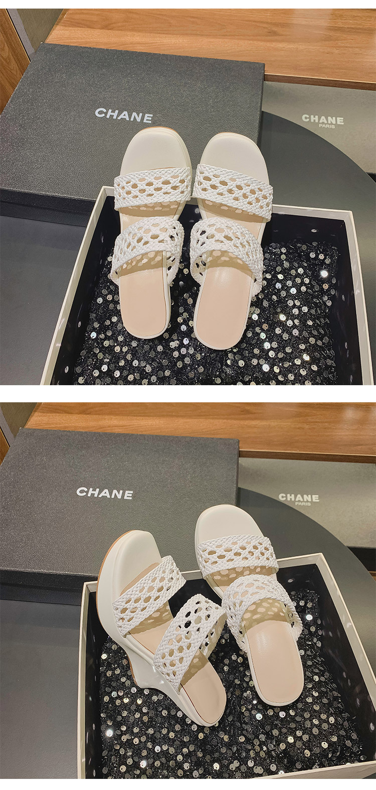 Dép lê đan phong cách Chanel đế xuồng cao gót 10cm cho nữ mùa hè — Màu đen, Màu trắng chi tiết 8