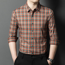 原笈新款中年男士商务休闲长袖格子衬衫春秋季简约翻领时尚男装薄
