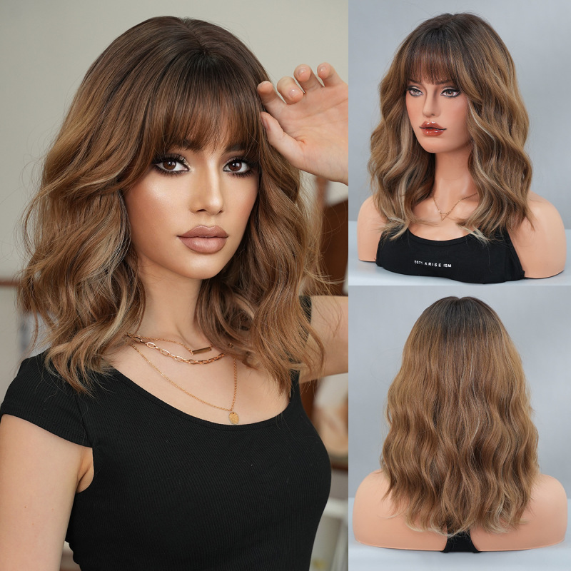 ショートヘアの女性用ウィッグ、パリ風ペイント染めショートカーリーヘア、フルヘッドギア、ナチュラルショートヘア、おしゃれなボブヘア、フルヘッド|undefined
