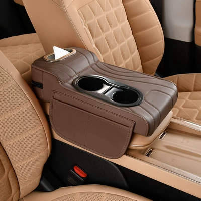 Car Tissue Box, Armrest box pad - quilted-embroidery-model-coffee-color