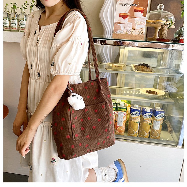 375g Weight Polyester Lining Material Magnetic Buckle Closure Type Double Shoulder Straps Strap Type Bucket Bag Bags Type Holiday, Daily Occasion Corduroy Material Strawberry Pattern Spring&Summer Season Women's Gender Cute Style Square Shape Medium Size Women's Medium Corduroy Strawberry Cute Square Magnetic Buckle Bucket Bag 8