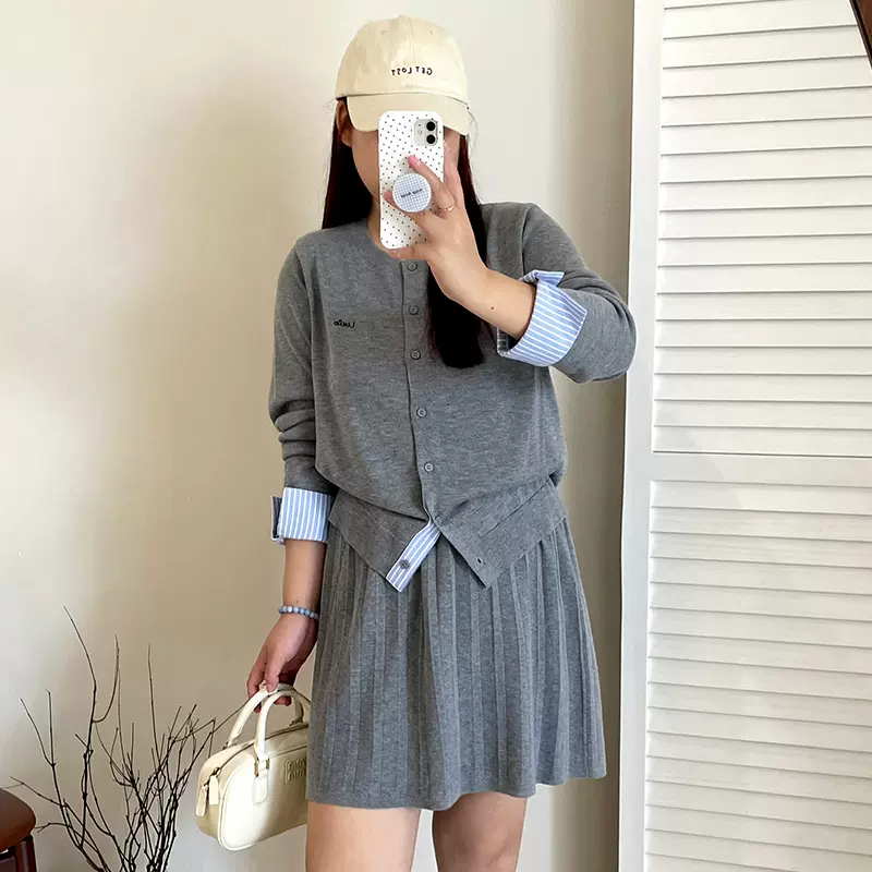 大码气质休闲学院风针织套装2025秋款胖mm开衫女半裙两件套23088