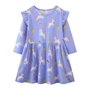 2025 Autumn New Girls Dress Cartoon Print Princess Dress Round Neck Children's Knitted Cotton Long Sleeve Children's Dress