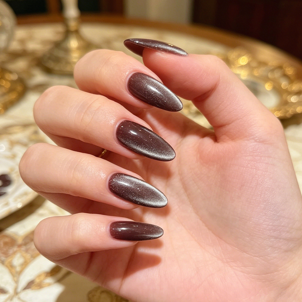 Ins marrón oscuro gradiente de ojos de gato blanqueamiento de uñas 30 piezas de uñas de almendras, uñas falsas de manicura, lote mixto transfronterizo image 1