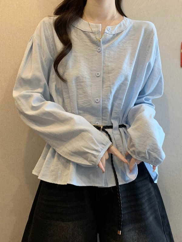 法式蓝色长袖衬衫大码女装2025秋装新款胖mm漂亮收腰遮肚上衣|undefined
