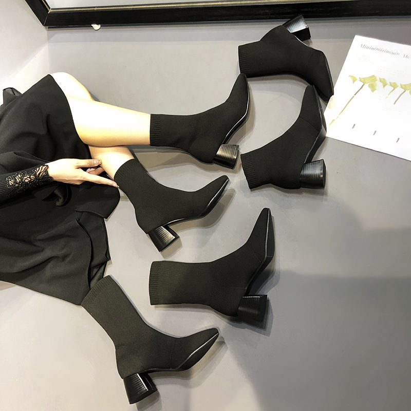 Knitted High-Top Sock Boots for Women Mid-Calf 2025 Spring New Korean Style Versatile Thick Heel Short Boots Thin Elastic Slim Boots