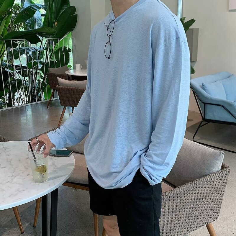 Solid Color Long-Sleeved T-Shirt, Sunscreen, Men's Spring Lightweight and Breathable Inner Layering Shirt, Lazy Style Vacation Top Ins