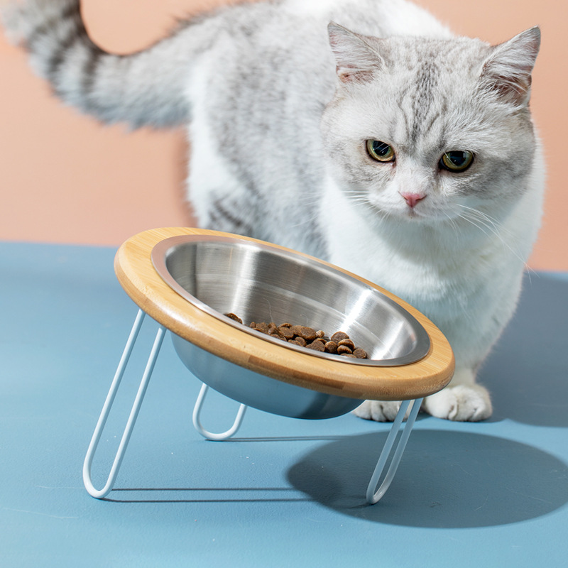 Tazón de acero inoxidable gato alta protección de la pierna columna cervical gato tazón de comida gato perro gato cuenca bebedero mascota tazón de cerámica bambú estante de madera