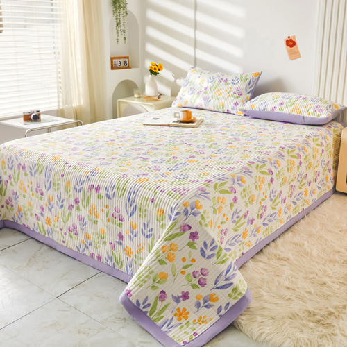A Class Maternity Washable Cotton Linen Bed Cover with Thick Fleece Quilted Bedspread Set, Machine Washable Home Bedding Set of 3