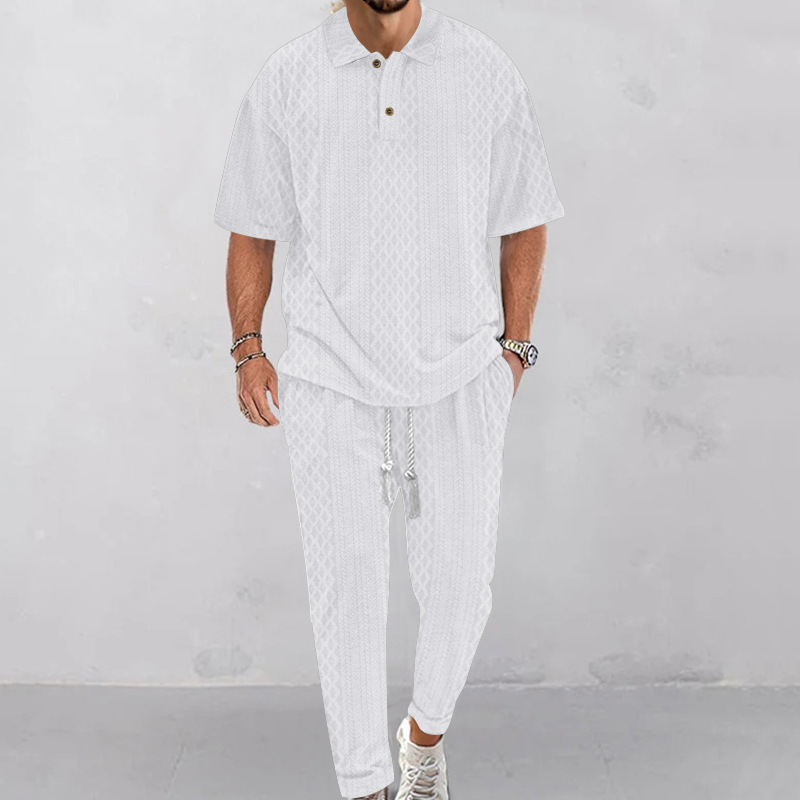 Conjunto de ropa de hombre transfronterizo de verano europeo y americano de color sólido cuello redondo de manga corta deportiva de comercio exterior camiseta de pantalones largos de dos piezas para hombres