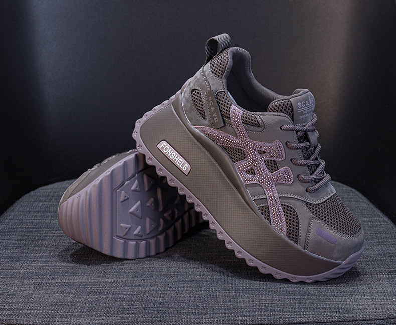 Giày sneaker nữ đế dày phong cách retro dành cho người dáng nhỏ, giày dad hot trend thu 2026, tăng chiều cao — M2933-1 màu xám đính kim cương, M2933 màu đen, M2933 màu nâu, M2933-1 màu đen đính kim cương chi tiết 14