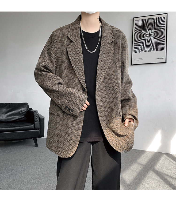 American Retro Houndstooth Blazer For Men Oversized Plaid Jacket_voghion.com