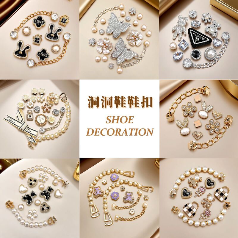 Trendy Clog Shoe Buckle Butterfly Accessory DIY Three-Dimensional Zircon Buckle Flower Pearl Chain Decorative Shoe Flower Wholesale
