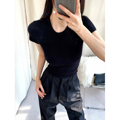 Moses Queen / Magic Queen Crew-Neck Off-Shoulder Short-Sleeve T-Shirt for Women, Slim-Fit, Defined Waistline, Cropped Top – Model 62834