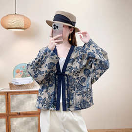 国风复古印花外套女2025秋新款文艺宽松V领一粒扣蝙蝠袖上衣 6606