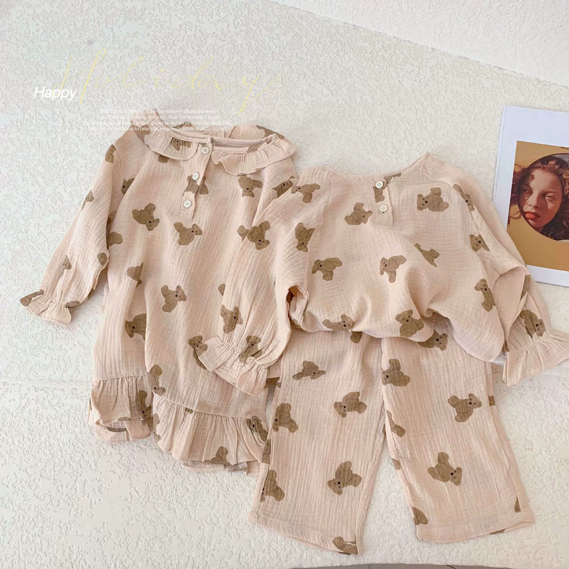 女童2022春夏长袖睡衣女宝宝小熊卡通棉麻家居服套装韩版套头睡裙