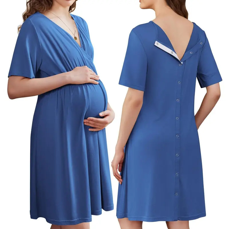 Stillkleid für Schwangere, Kurzarm, Weicher Stoff, V-Ausschnitt, Stillzugang und Einfacher Tragekomfort, Schwangerschafts- und Krankenhauskleid – Detail 16