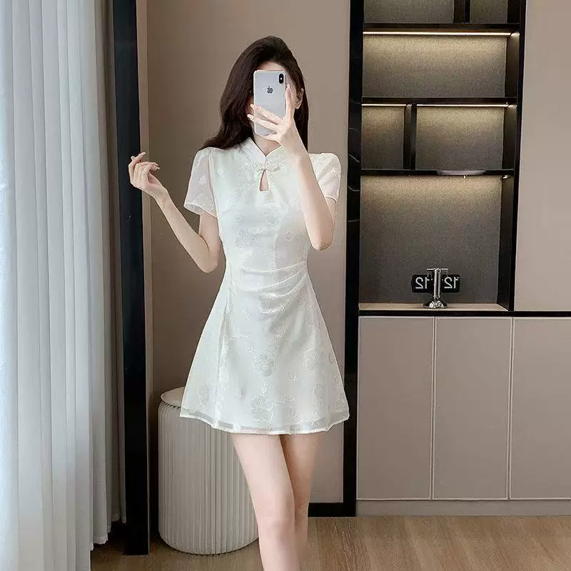 Высококачественное жаккардовое платье Cheongsam для миниатюрных женщин, модифицированная талия, элегантное женское платье А-силуэта.