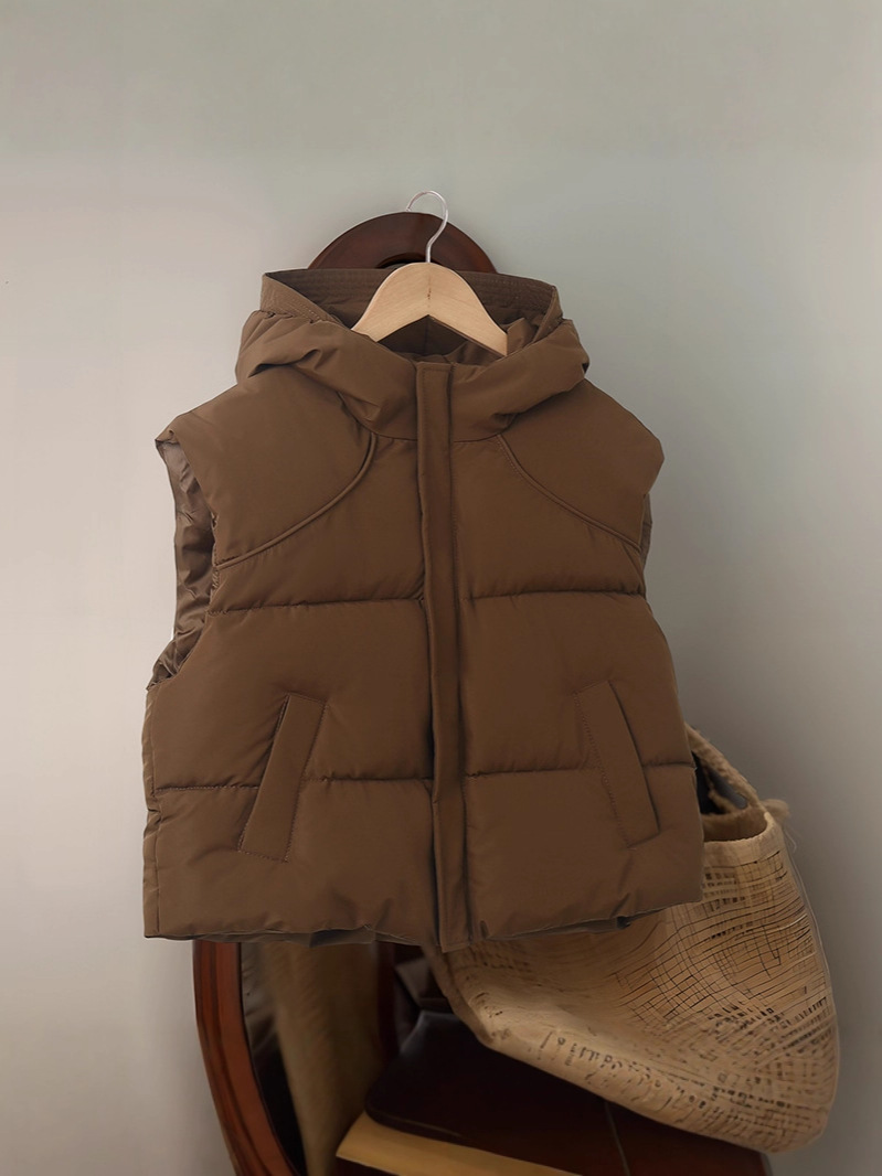 Transfronterizo chaleco de algodón de pluma para niños otoño y invierno chaleco con sombrero para niños mayores hombros gruesos calentamiento grueso