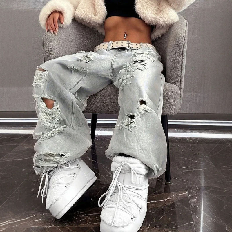 Cross-Border Autumn New Style Ripped Jeans for Women, High Street Fashion Brand, Loose Fit, Unique and Versatile, Straight Wide-Leg Floor-Length Pants