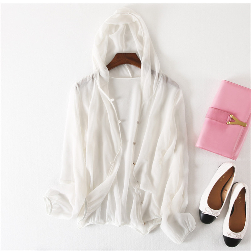 Export counter silk sun protection clothing good temperament mulberry silk hoodie women's loose top soft breathable all-match color