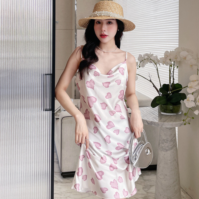 2024 verano pijama de cuello swing chica pura libido mariposa estampado eslingas de espalda descubierta sexy vestido de pijama atractivo ropa para el hogar