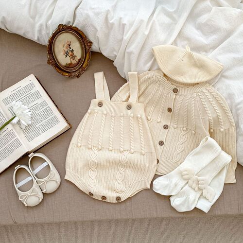 2024 Spring and Autumn Baby Girl Solid Color Wool Top Handmade Hook Bubble Ball Carrier Harness Knitted Jacket Two-piece Set