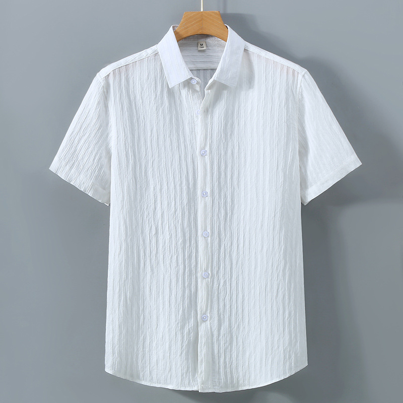 Chemise d'été de couleur unie pour hommes, protection solaire, vêtements d'extérieur, décontracté, polyvalent, ample, en coton, respirant, à manches courtes, chemise en pouces_voghion.com