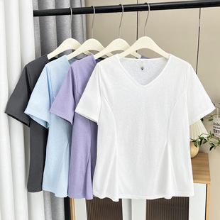 Summer Casual V-neck Waist Short-sleeved 100.00kg chubby girl plus size All-match Meat-covered Doll Shirt T-shirt Women's 7267