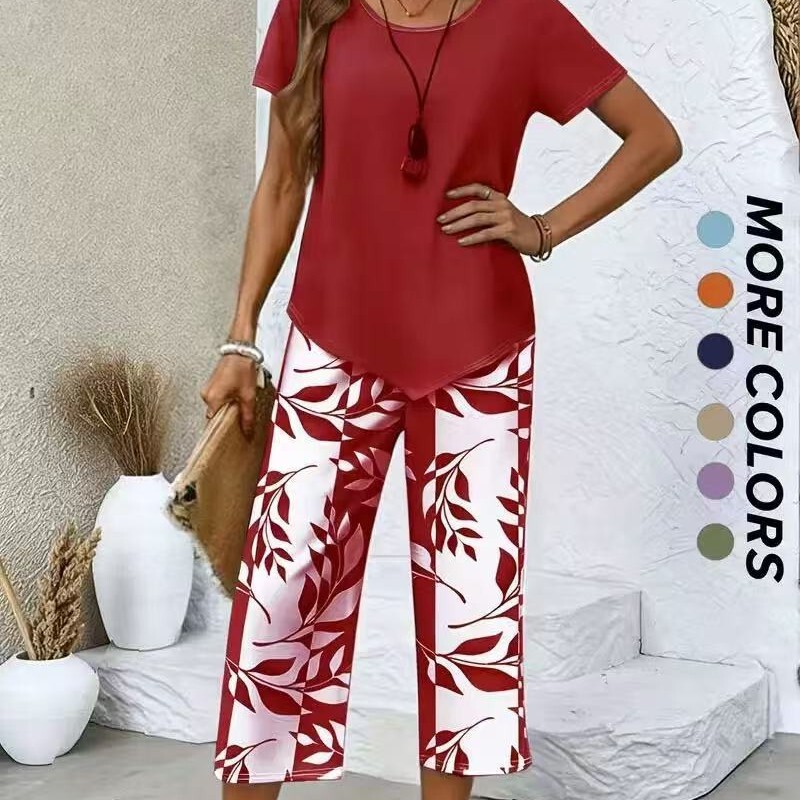 2026 European and American Cross-Border Tk Summer Fashion Women's Casual Suit Printed Short-Sleeved Top High-Waisted Shorts Two-Piece Set 2026 European and American Cross-Border Tk Summer Fashion Women's Casual Suit Printed Short-Sleeved Top High-Waisted Shorts Two-Piece Set